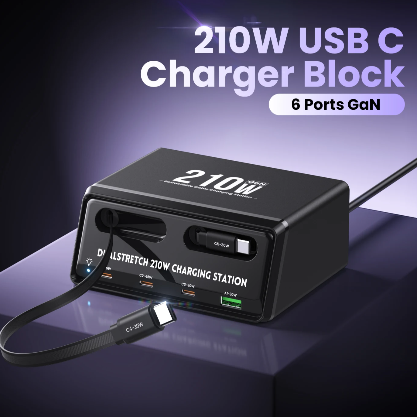 6-in-1 GaN USB-C Fast Charging Tower | Retractable USB-C Cable Power Station for iPhone iPad Samsung Tablet