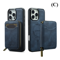 2 in 1 MagSafe Magnetic Leather Wallet & Card Holder Case - for iPhone 15 Series - C - Blue / Pro Max - Phone Cases