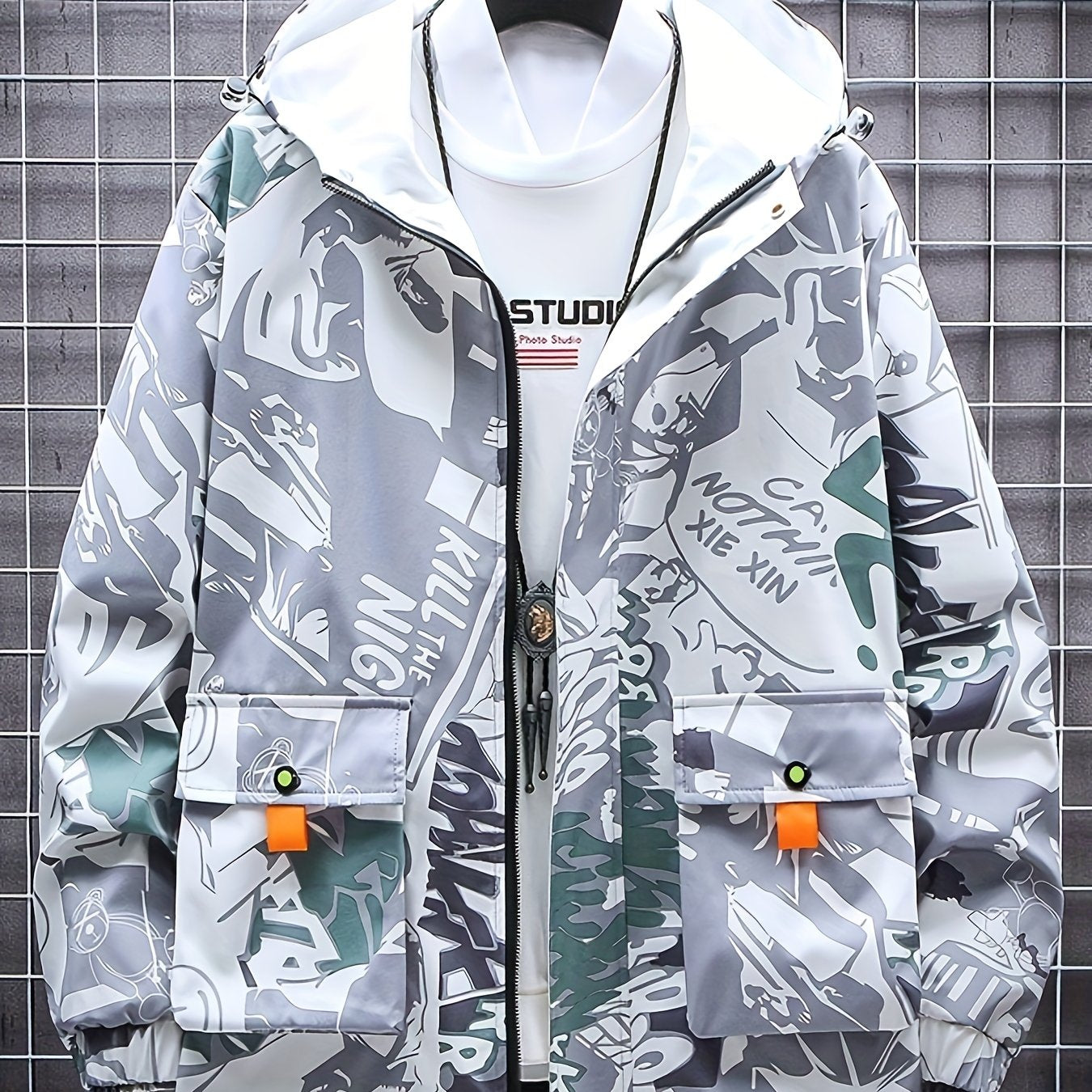 Men’s Graffiti Print Hooded Windbreaker – Mid-Length, Unisex Streetwear by Snagg A Jacket