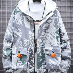 Men’s Graffiti Print Hooded Windbreaker – Mid-Length, Unisex Streetwear by Snagg A Jacket