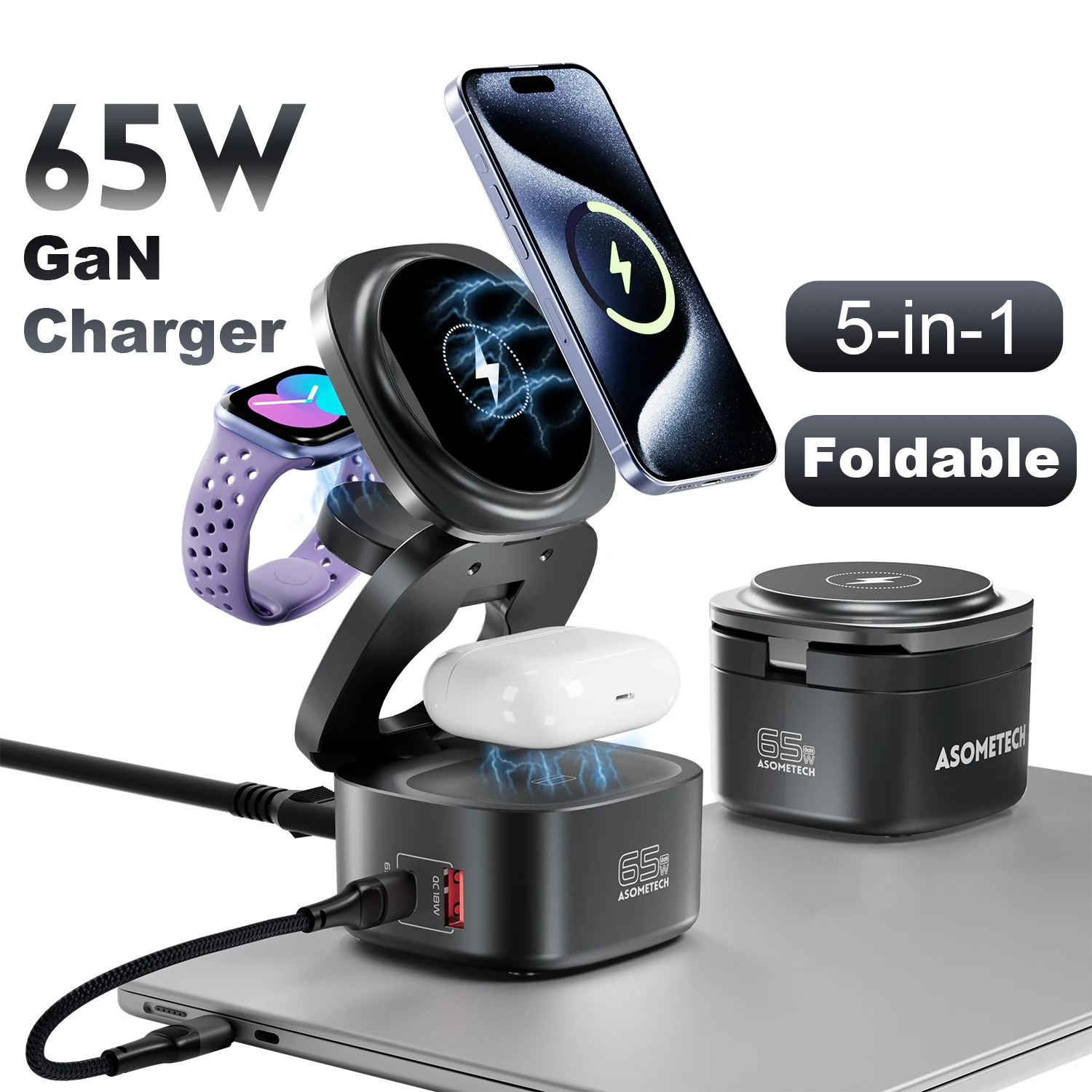 Magnetic 5-in-1 Wireless Charger Stand | 65W GaN Fast Charging Dock for MacBook iPhone Apple Watch AirPods