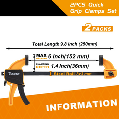 4"/6" One-Handed Bar Clamps for Woodworking – 2PCS Light-Duty Quick-Change F Clamp / Spreader