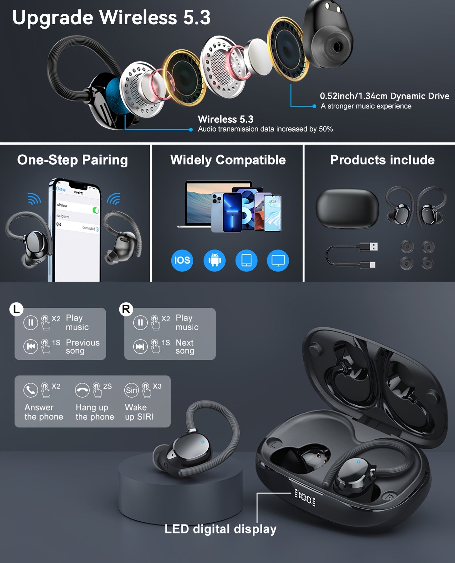 Wireless 5.3 Sports Earbuds | In-Ear Headphones with Hook & Deep Bass (48H Playtime) by Snagg An EarBud