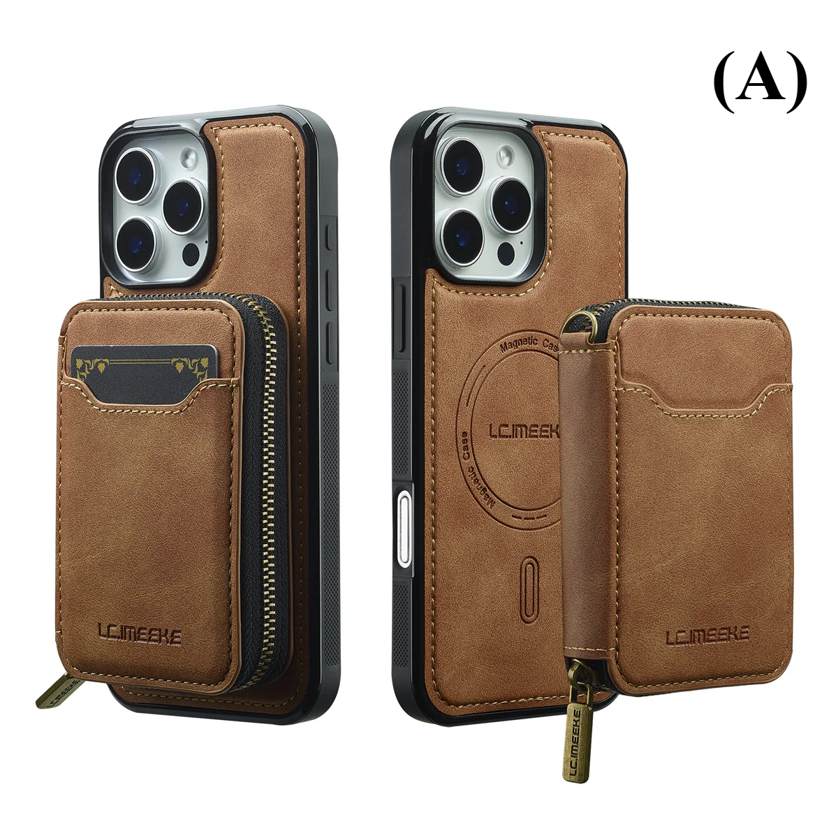 2 in 1 MagSafe Magnetic Leather Wallet & Card Holder Case - for iPhone 15 Series - A - Brown / Phone Cases Covers