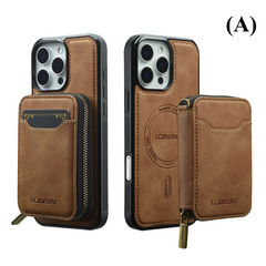 2 in 1 MagSafe Magnetic Leather Wallet & Card Holder Case - for iPhone 15 Series - A - Brown / Phone Cases Covers