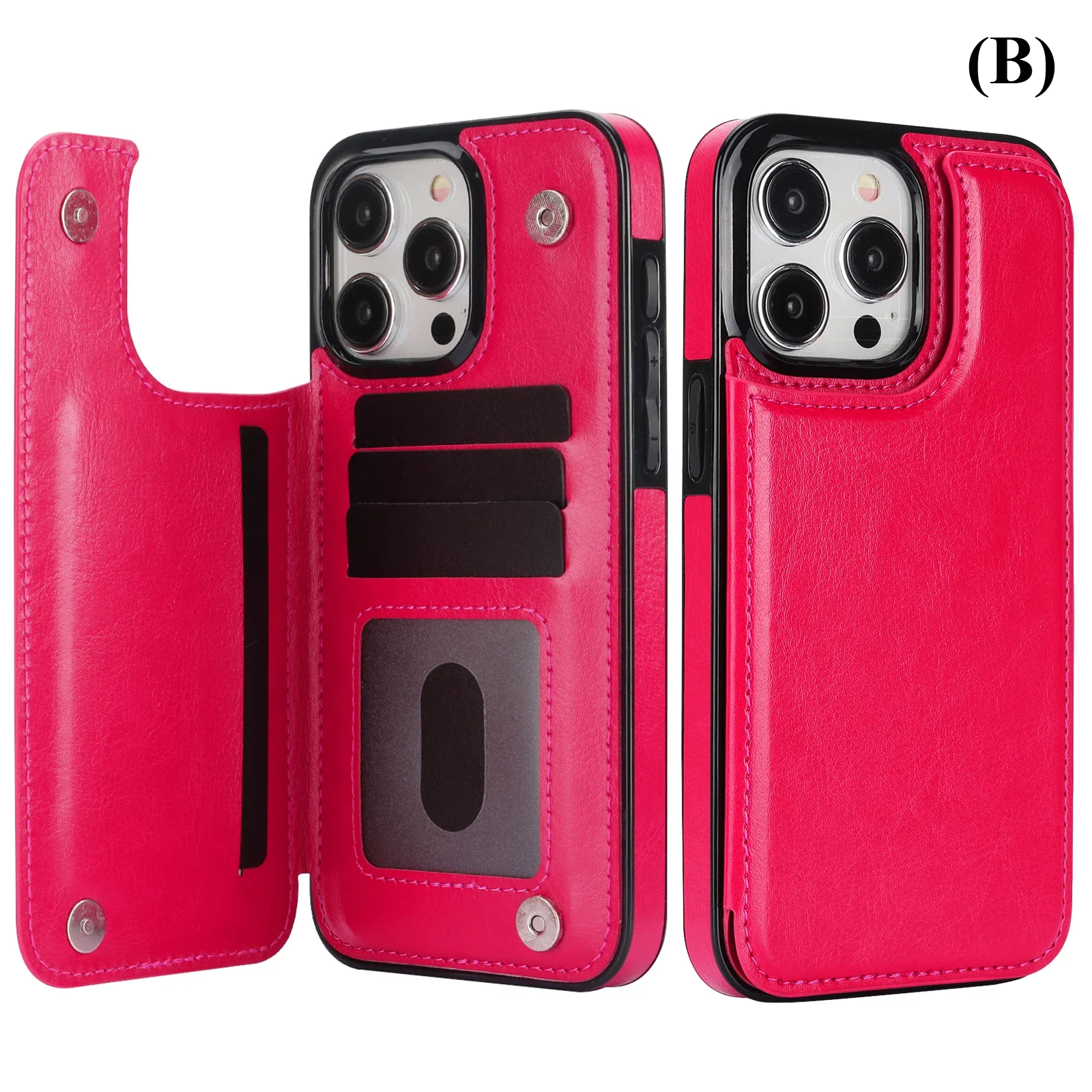 Double Button Wallet Flip Leather Case with Card Slot & Stand – for iPhone 14 Series - B - Rose red / Pro Max - Phone
