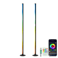 Colorful LED floor lamp with remote control and smartphone app on a gradient background