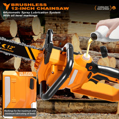 12" Cordless Brushless Chainsaw with Battery, Auto Oiler & Safety Lock