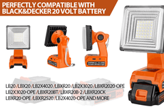 1500LM Cordless LED Work Light Compatible With Black and Decker 20v Battery