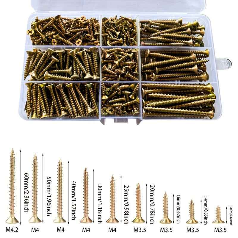 440 Pack Self Tapping Wood Screw Kit — Colour Galvanized M3.5/M4 Screws in 25–60mm Sizes - 440pcs M4/3.5 Length