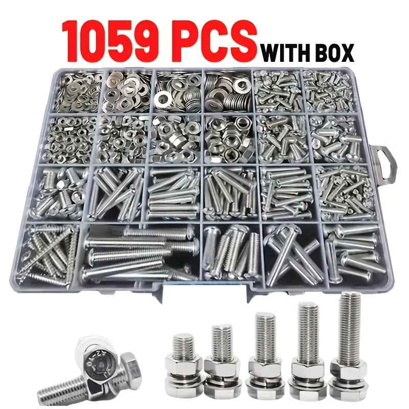 1059 Pcs Nuts & Bolts Assortment - M3/M4/M5/M6 Machine Screws Washers with Mixed Heads - 1set - Power Tools Gadget
