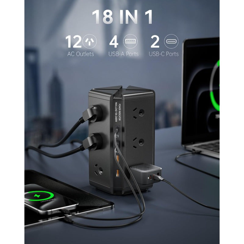Tower Powerboard with USB-C | 12-Outlet Surge Protector (1.8m Extension) by Snagg An Extension Cable