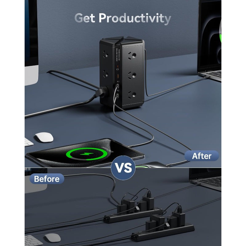 Tower Powerboard with USB-C | 12-Outlet Surge Protector (1.8m) by Snagg An Extension Cable