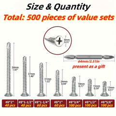 500pcs 410 Stainless Steel Self Drilling Screws (Self-Tapping) Phillips Flat Head - Total 500 pieces + Bit - Power
