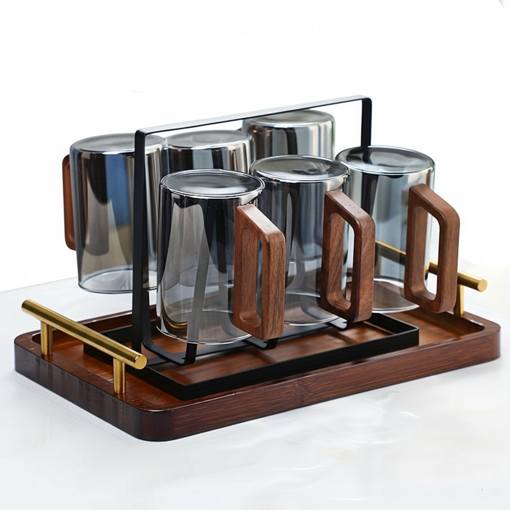 Glass Cup Set With Wooden Handle 4 Or 6 Pack Home Tea Cups by Snagg A Cup
