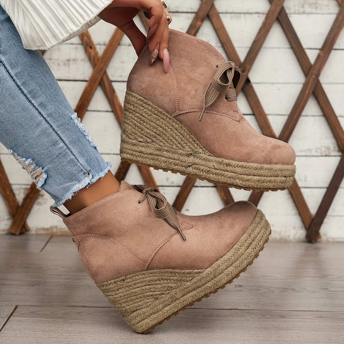 Women’s Casual Lace-Up Ankle Boots with Woven Jute Platform Heel by Snagg A Shoes