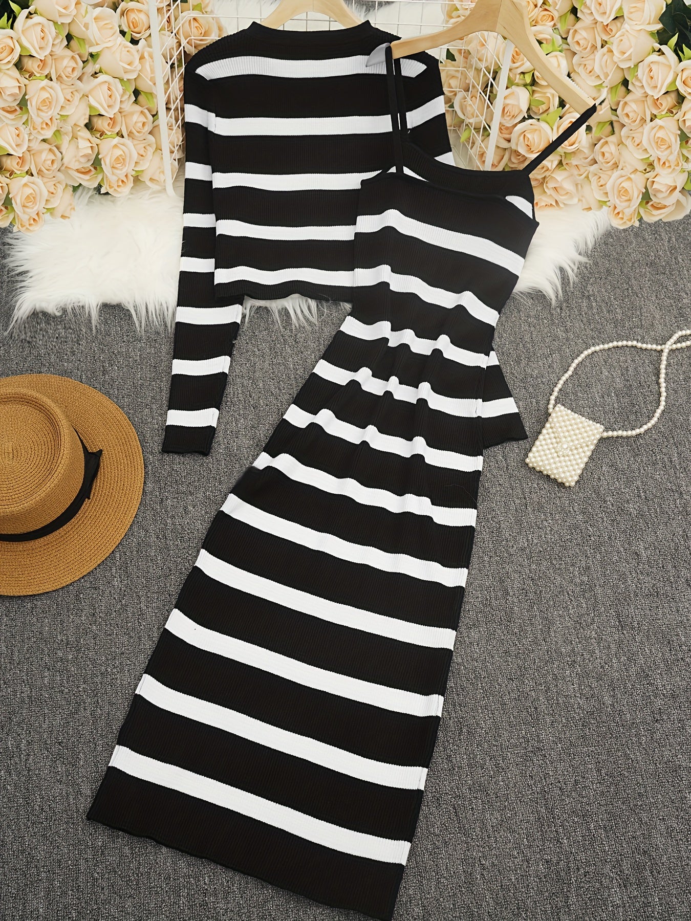 Striped Crew Neck Button-Up Sweater & Pencil Dress Set by Snagg A Dress