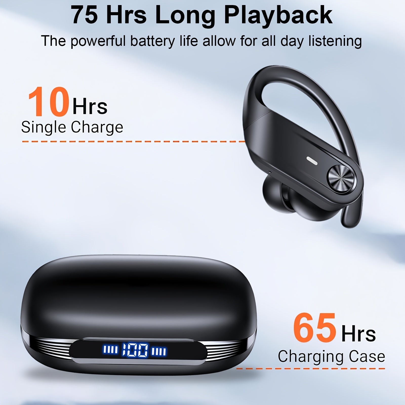 Wireless Earbuds 5.4 Headphones Sports, 75H Stereo Deep Bass Over-Ear with Earhooks, 4 ENC Mic, LED Display for Running Workout Exercise Gym, Exercise Audio Gear, Ergonomic Fit, Premium Audio, Noise Isolation, Music Lovers by Snagg An EarBud