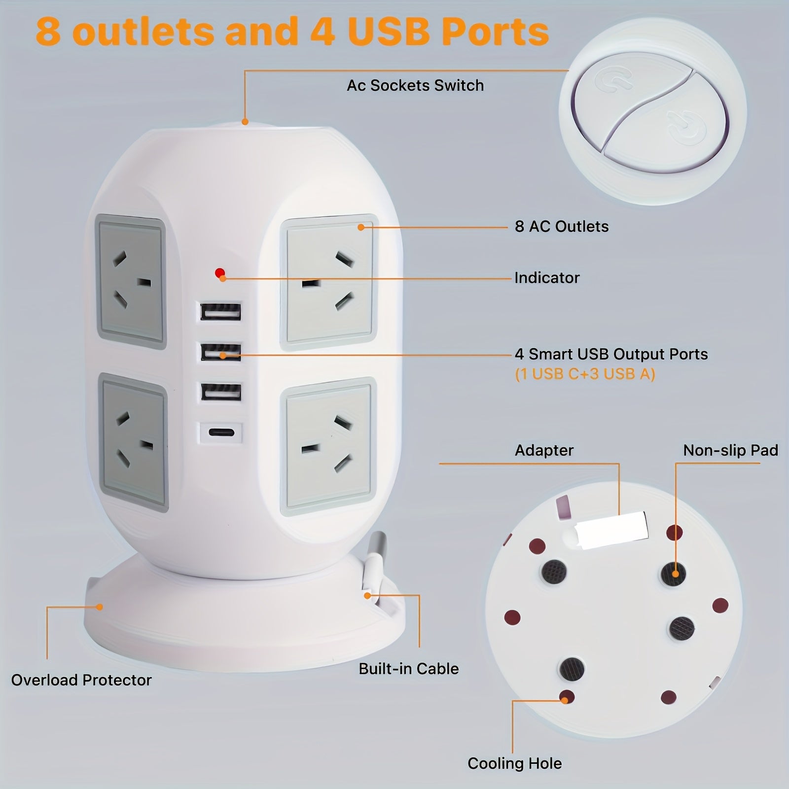 16-in-1 Tower Powerboard with USB-C | Surge Protector Charging Station (3m) by Snagg An Extension Cable