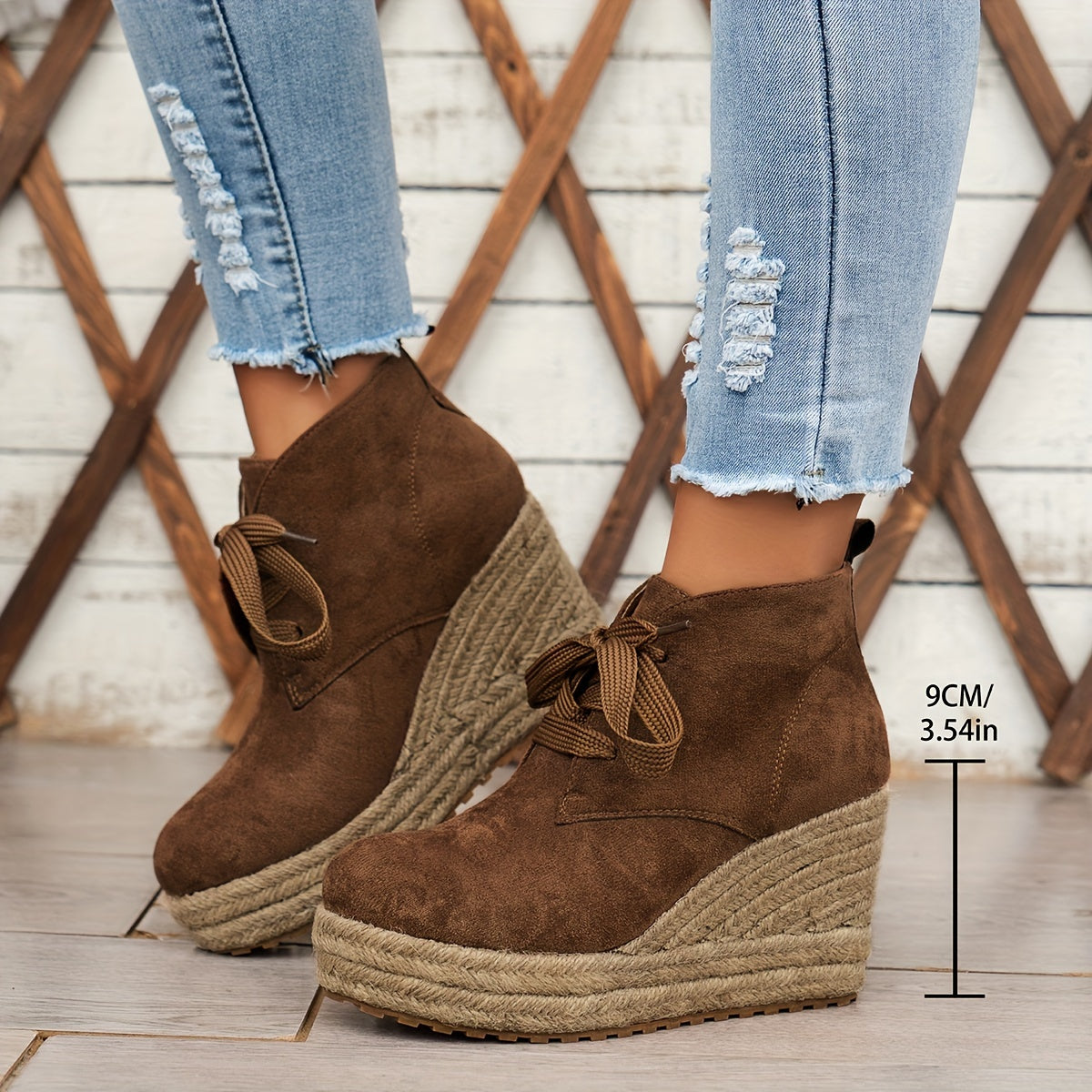 Women’s Casual Lace-Up Ankle Boots with Woven Jute Platform Heel by Snagg A Shoes