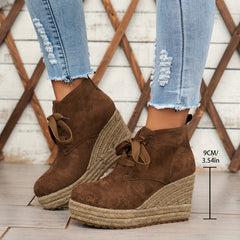 Women’s Casual Lace-Up Ankle Boots with Woven Jute Platform Heel by Snagg A Shoes