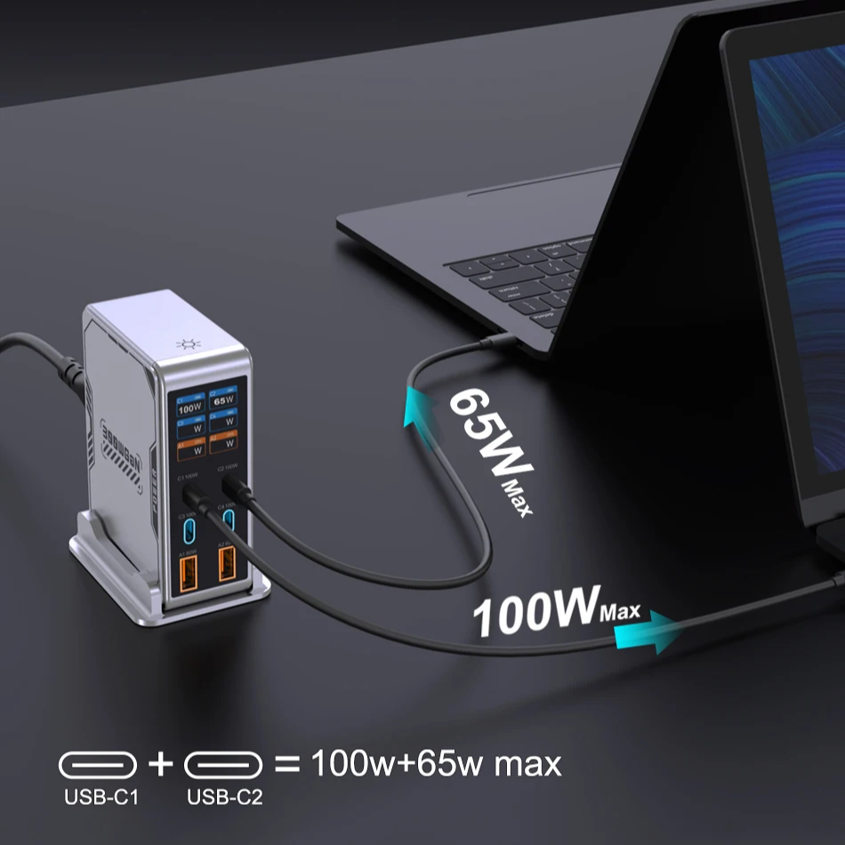 300W GaN 6-Port Digital Desktop Charging Station | PD 100W USB-C Fast Charger iPhone MacBook Laptop