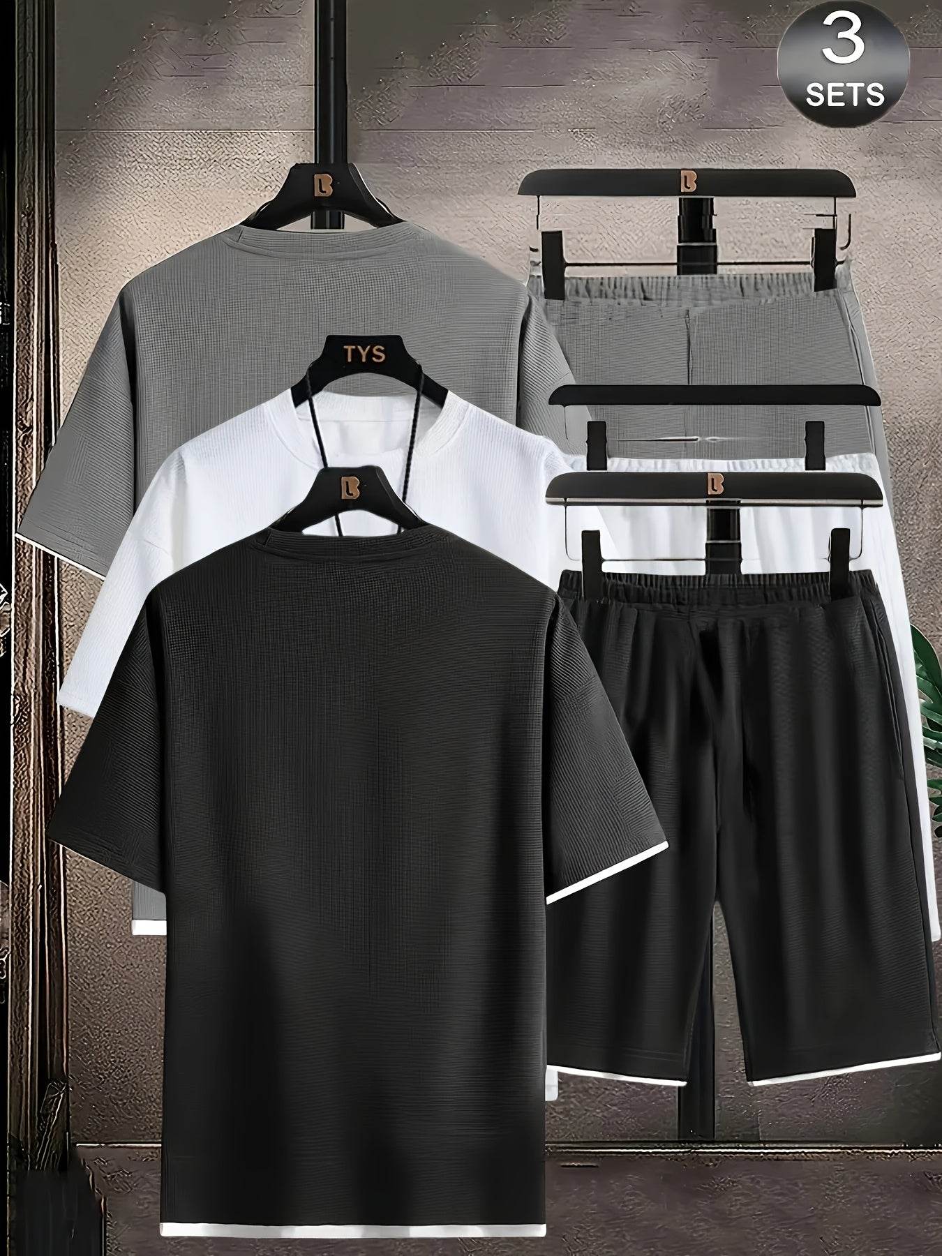 6pcs Waffle Men’s Pajama Set – Short Sleeve & Shorts Multi-Piece Homewear - SnaggIt