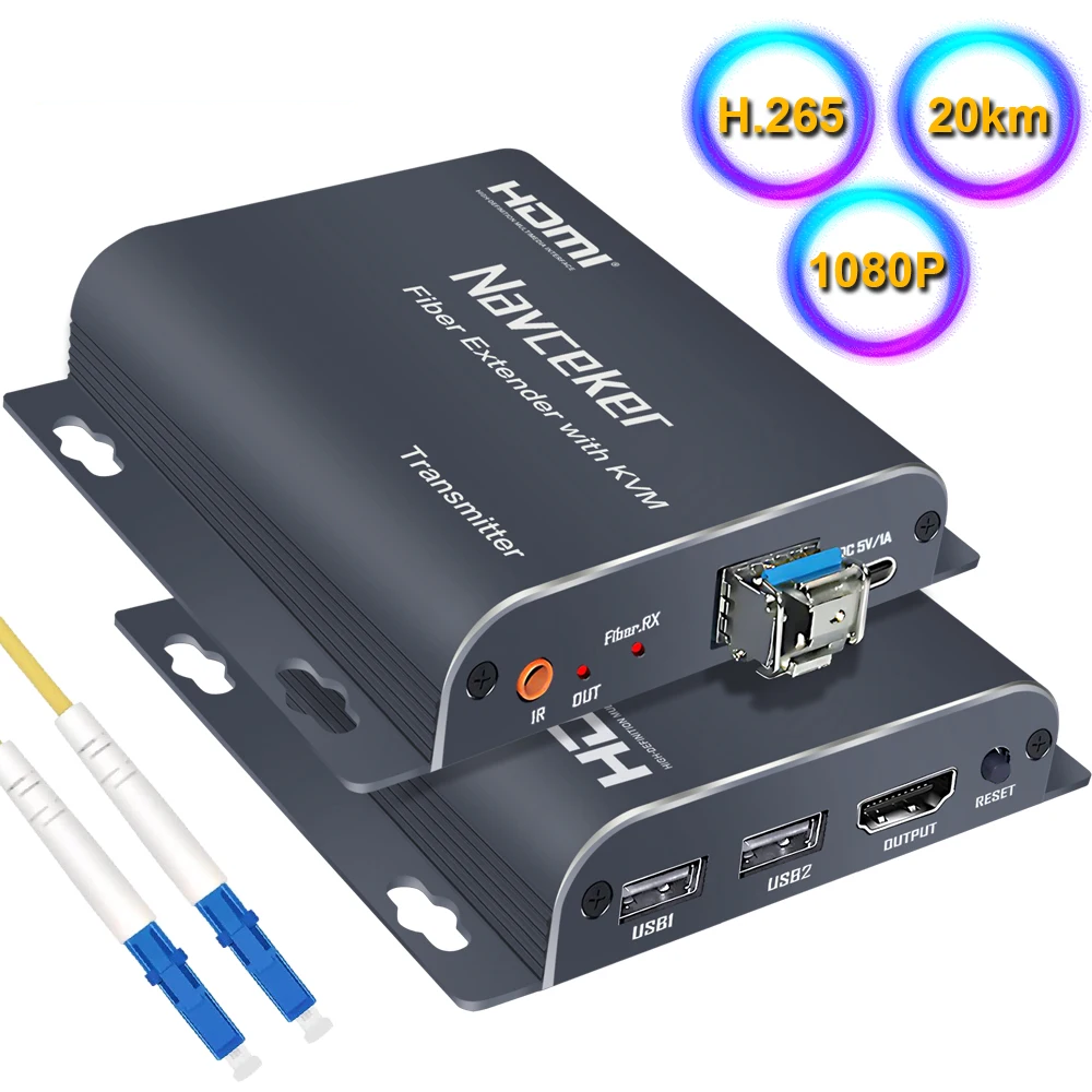 HDMI Fiber Optic USB KVM Extender 20KM – Video Transmitter & Receiver over LC Fiber for Keyboard, Mouse & PC