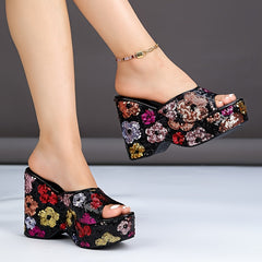 Women’s Floral Sequin Wedge Sandals by Snagg A Sandal