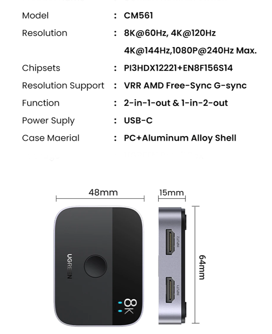 HDMI 2.1 Switch 8K@60Hz 2-in-1-Out Manual Selector for PS5, Xbox Series X, TV, Monitor & Projector by Snagg An HDMI Switch