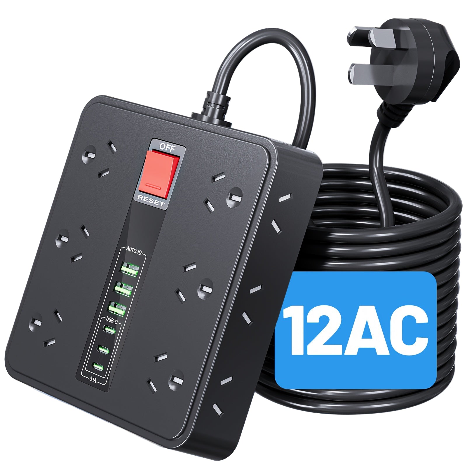 18-in-1 Powerboard with USB-C | Surge Protector Power Strip (2m Extension) by Snagg An Extension Cable