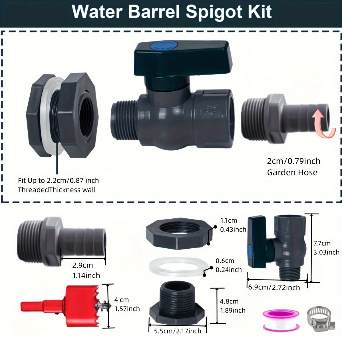 Rain Barrel Faucet Kit with Ball Valve & Hose Fittings by Snagg A Fitter