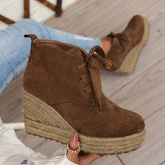 Women’s Casual Lace-Up Ankle Boots with Woven Jute Platform Heel by Snagg A Shoes