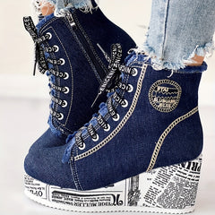 Women’s Solid Color Denim Lace-Up Boots by Snagg A Shoes