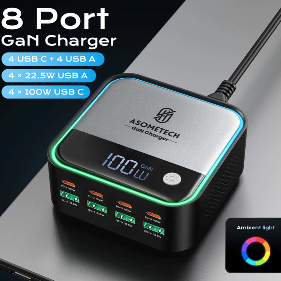 GaN USB-C 8-Port Mini Desktop Charger | Ambient LED 4× 100W PD PPS Fast Charger Laptop Phone