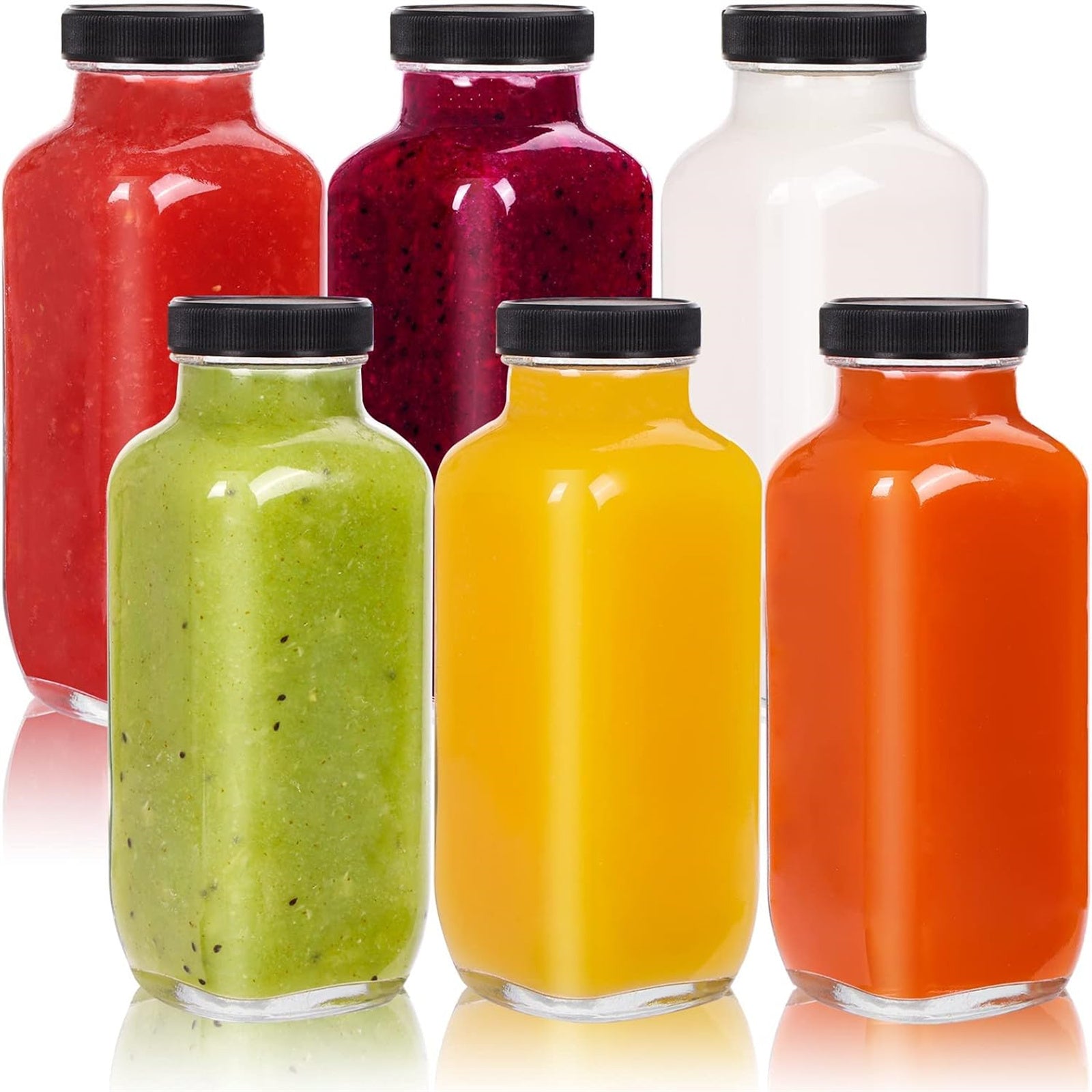 Glass Travel Juice Bottles 12 Pack 500ml Leak Proof BPA Free Lids by Snagg A Bottle