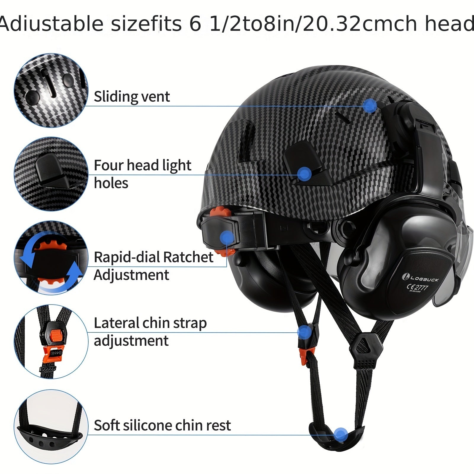 Carbon Fiber Pattern Safety Helmet with Visor, Earmuffs by Snagg A Safety Helmet
