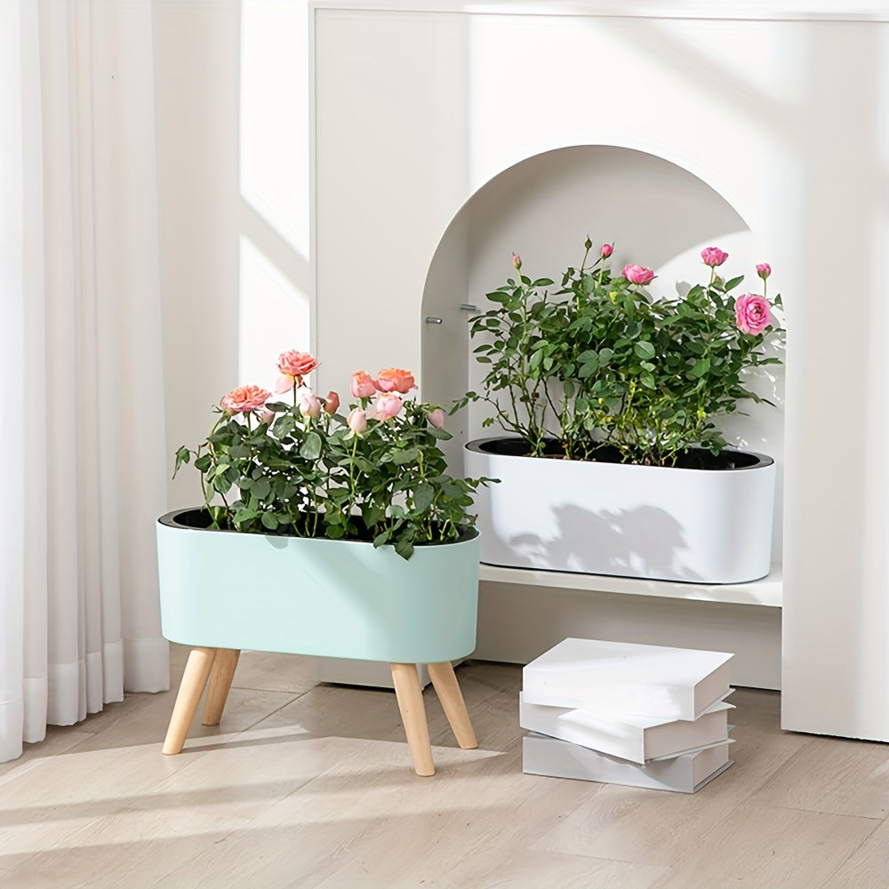 16.5" Self-Watering Flower Pot with Wooden Stand by Snagg A Pot