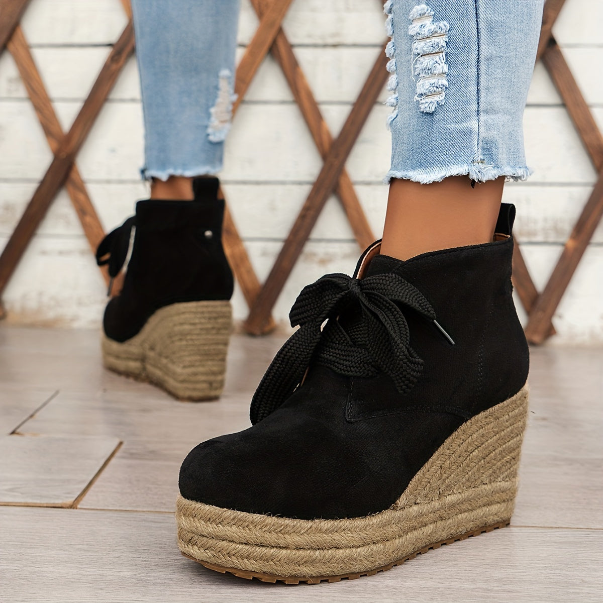 Women’s Casual Lace-Up Ankle Boots with Woven Jute Platform Heel by Snagg A Shoes