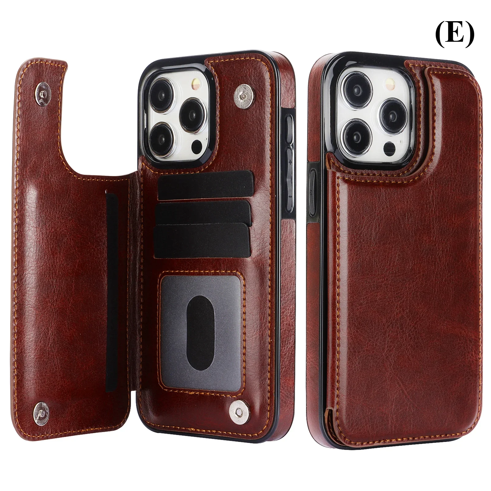 Double Button Wallet Flip Leather Case with Card Slot & Stand – for iPhone 14 Series - E - Brown / Pro Max - Phone
