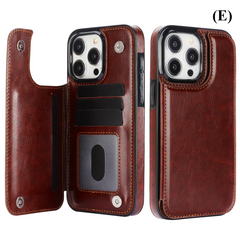 Double Button Wallet Flip Leather Case with Card Slot & Stand – for iPhone 14 Series - E - Brown / Pro Max - Phone