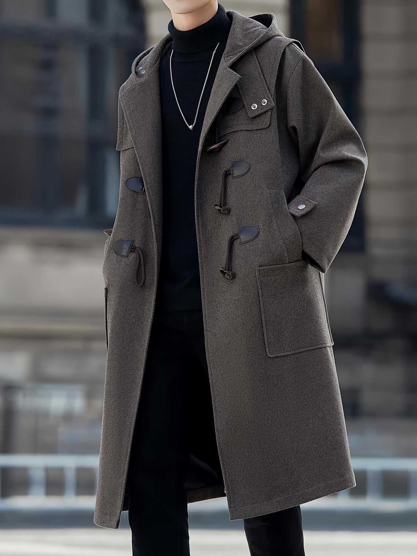 Men’s Casual Long-Length Tweed Coat with Hood & Horn Buttons by Snagg A Coat