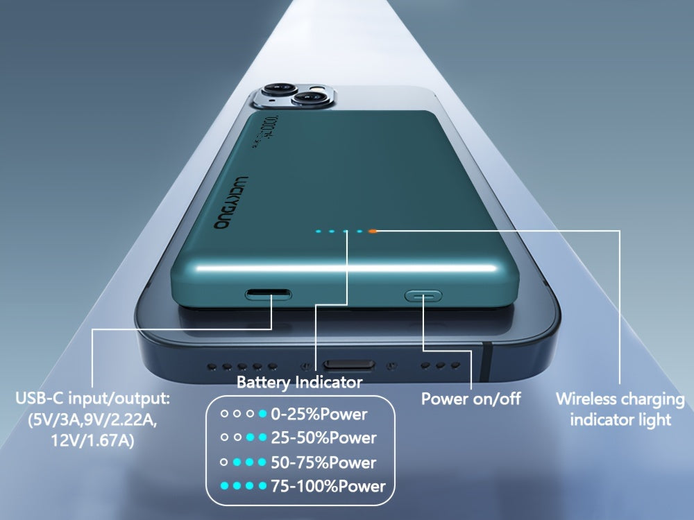 10000mAh Wireless Magnetic Power Bank Battery Pack, by Snagg A Power Bank