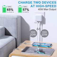 40W Dual USB-C Fast Charger - With USB-C Cable