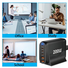 200W Ultra Fast Charging Adapter — 6 Port Power Hub (4× USB-C + 2× USB-A)