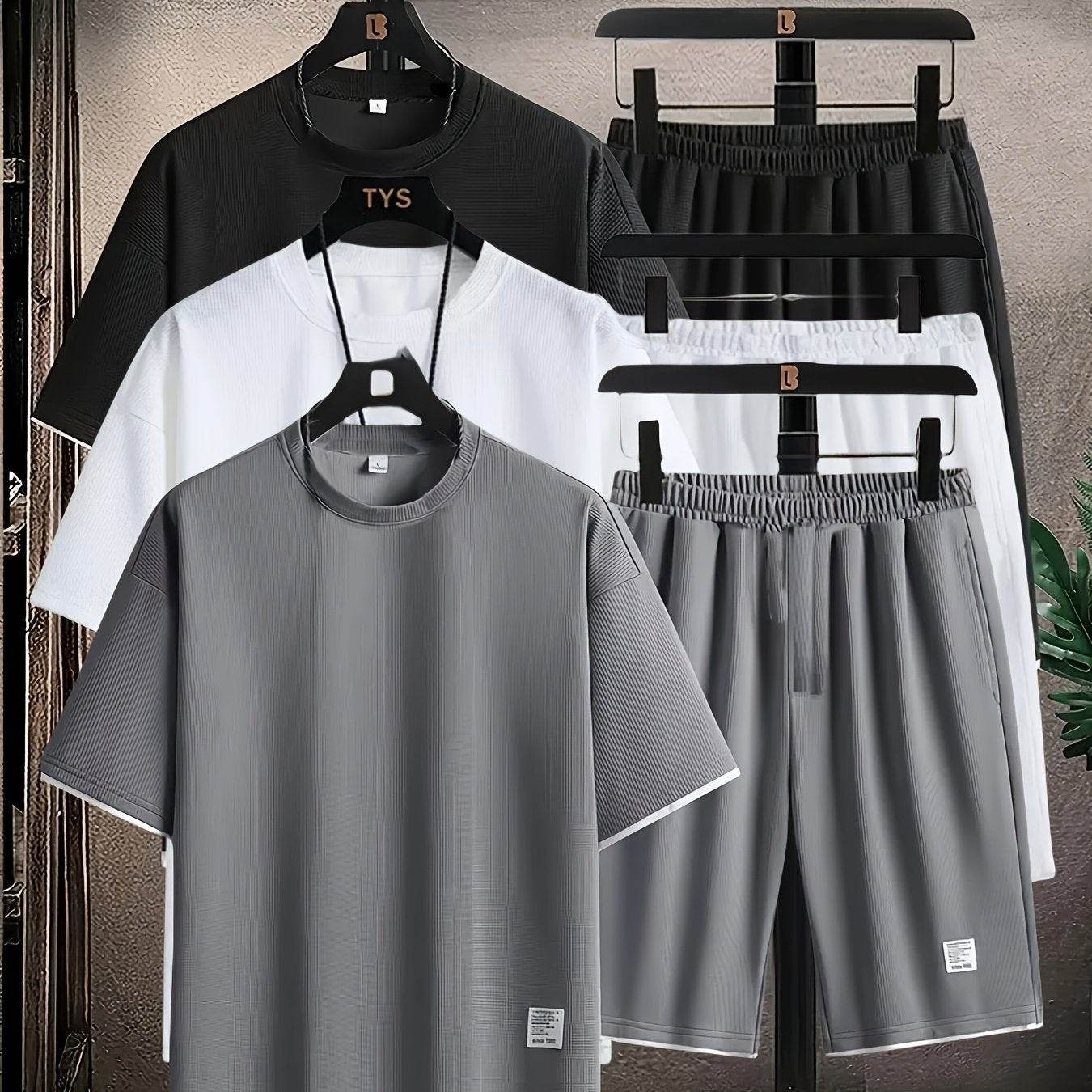 6pcs Waffle Men’s Pajama Set – Short Sleeve & Shorts Multi-Piece Homewear - SnaggIt