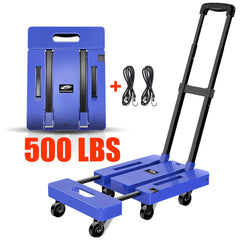 500LB Folding Hand Truck – Heavy Duty Luggage Cart with 6 Wheels & Elastic Ropes - Blue - General Tools