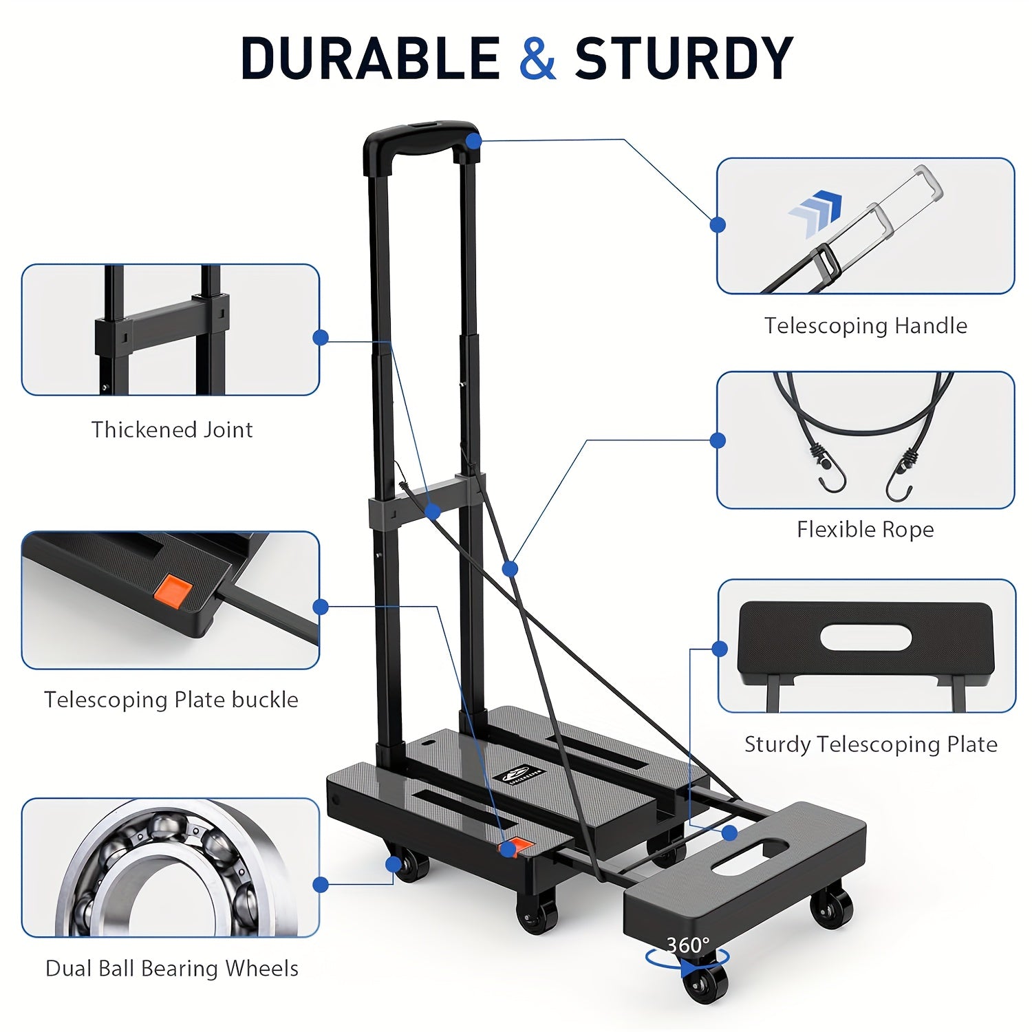 500LB Folding Hand Truck – Heavy Duty Luggage Cart with 6 Wheels & Elastic Ropes - General Tools