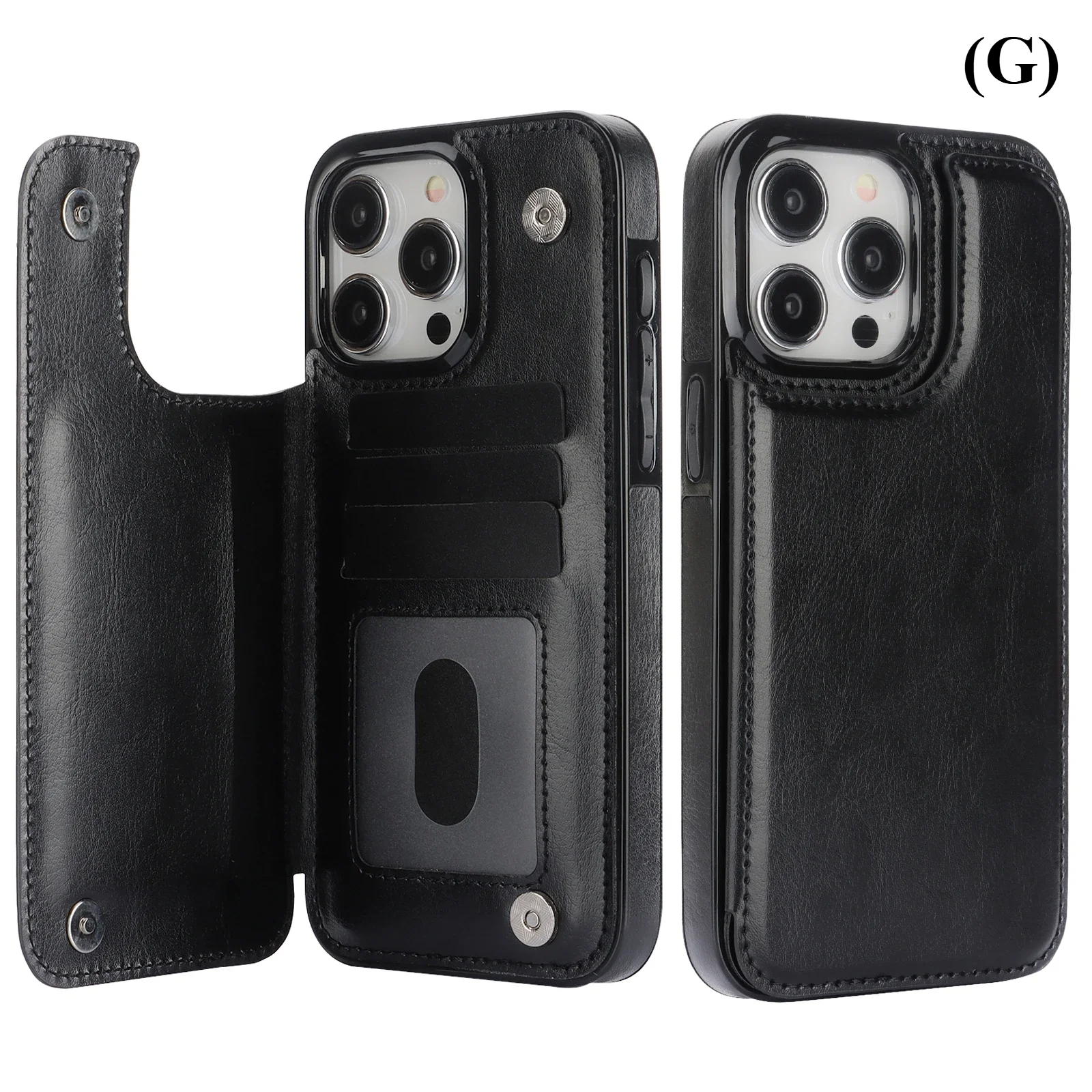 Double Button Wallet Flip Leather Case with Card Slot & Stand – for iPhone 14 Series - G - Black / Pro Max - Phone