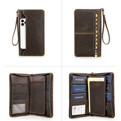 Genuine Leather Family Passport Wallet with AirTag Slot – Boarding Pass, Card & Pen Holder